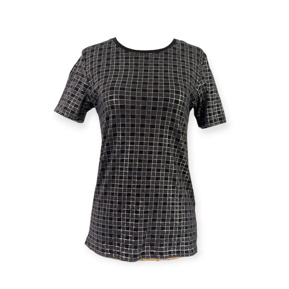 Theory Rodiona Short Sleeve Shirt Top Size S Slub Tee Black Silver Checkered - Picture 2 of 8